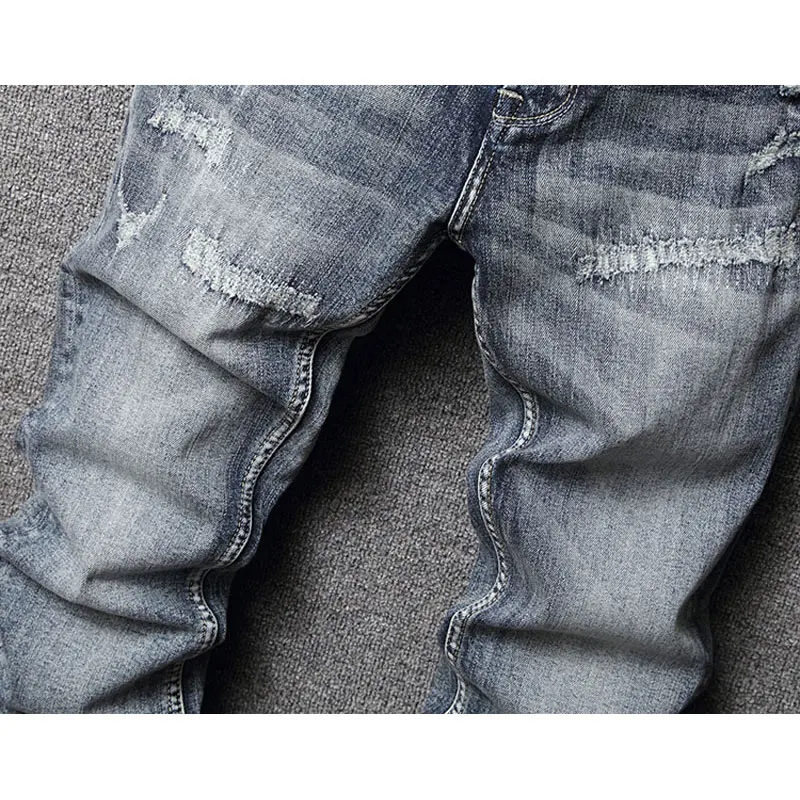 Street Fashion Men Jeans Retro Blue Gray Stretch Slim Fit Frayed Ripped Jeans Men Vintage Trousers Designer Denim Pants Hombre