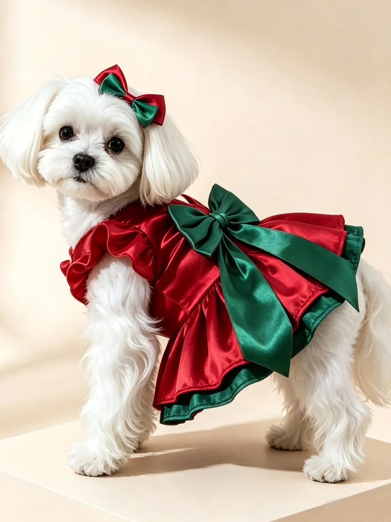Doppellagiges festliches Kleid mit Schleife für Haustiere, Herbst-Winter-Hundekleidung, Katzenrock, Katzen- und Hundekleid, Haustierbekleidung, Festtagskostüm für Partys – Detail 5