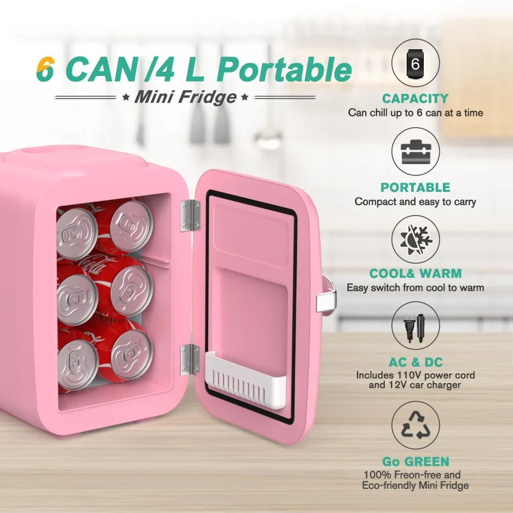 Mini Fridge, 4 Liter/6 Can Portable Cooler and Warmer Personal Refrigerator for Skin Care, Beverage, Food