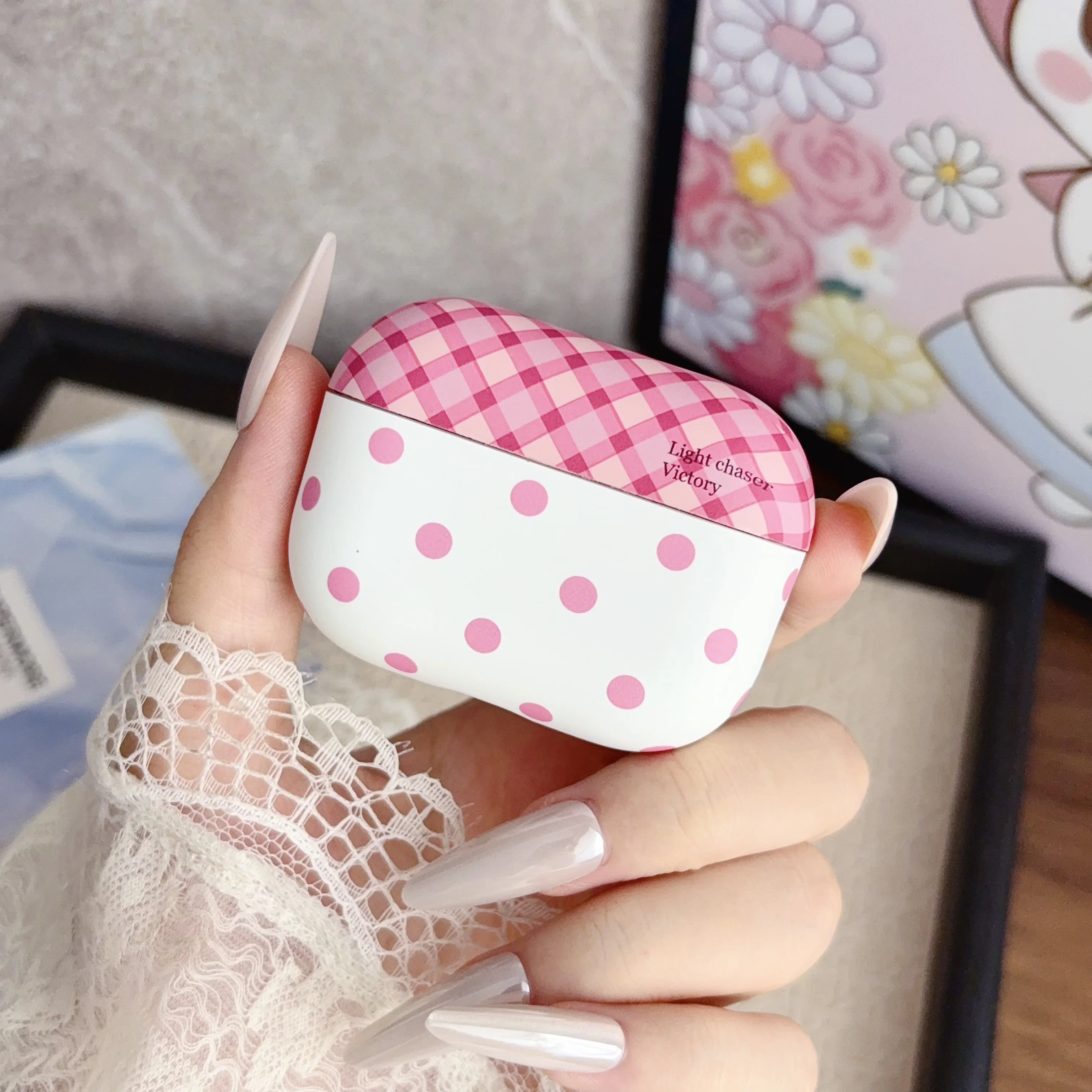 Fashion Pink Diamond Polka Dots Pattern White Matte Earphone Cover Case For AirPods 1 2 3 4 5 Pro Pro2 Pro3