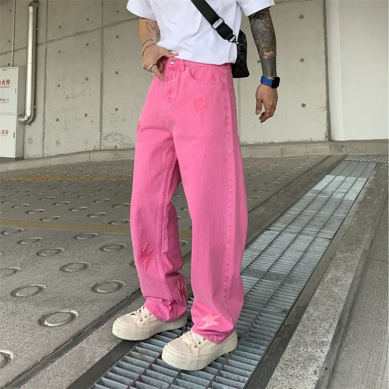 Multicolor Lightning Pattern Fashion Baggy Jeans Men Designer Stretch Washed Loose Trousers Male Streetwear Hip-Hop Denim Pants