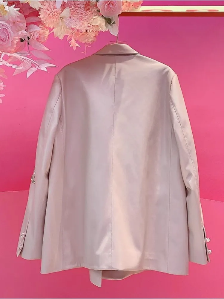 One Size Spring New Women Pink Blazers Diamonds Sequins Beading Suit Jacket Lapel Single Button Loose Coat Flower Outerwear