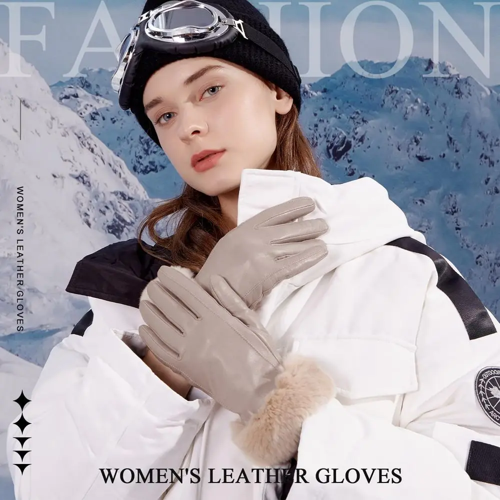 Women's Rabbit Fur Cuff Leather Gloves with Touchscreen for Warm Winter Driving in Multicolor
