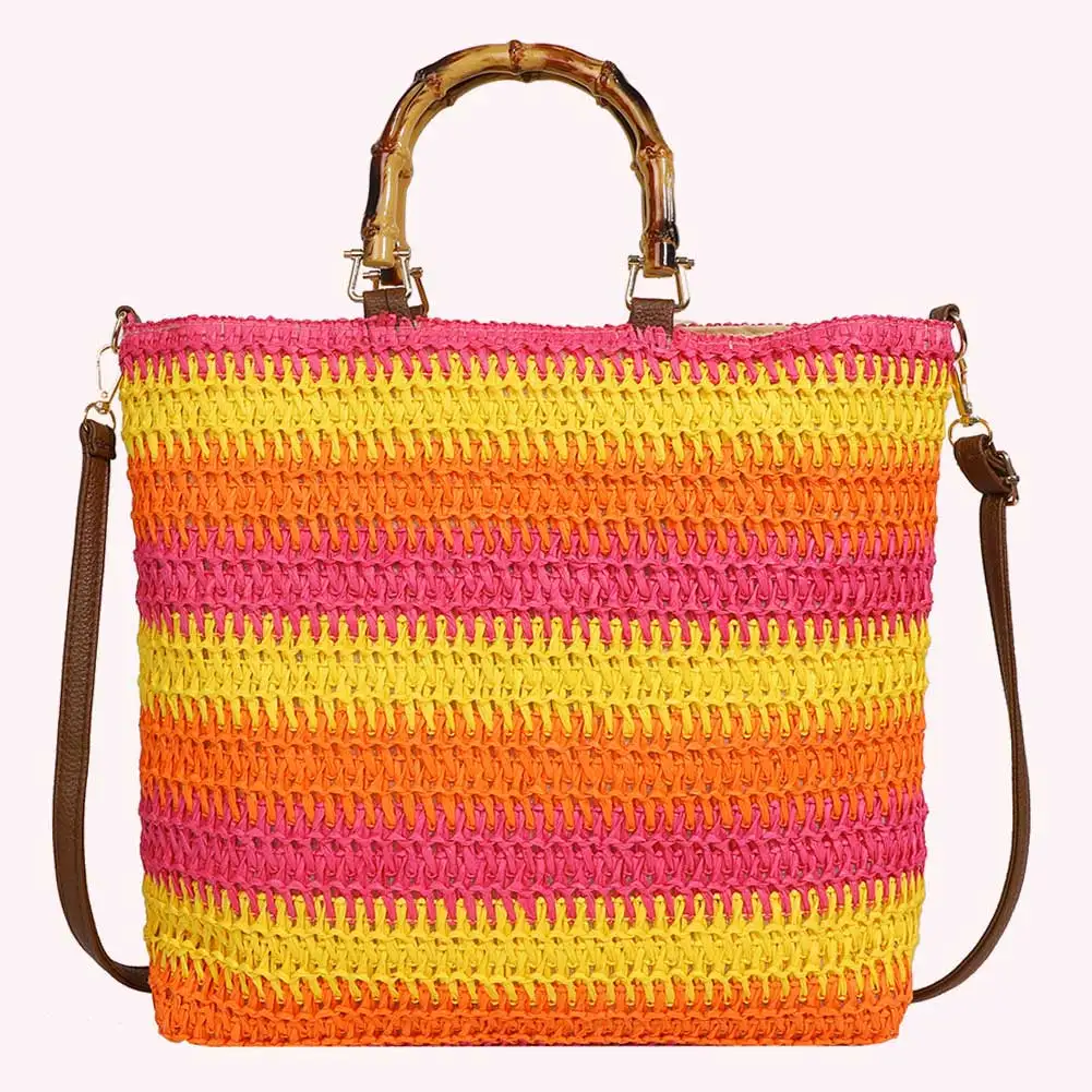 Women Straw Woven Handbag Summer Beach Bags Large Capacity Handmade Straw Bag with Bamboo Handle Drawstring for Party Vacation