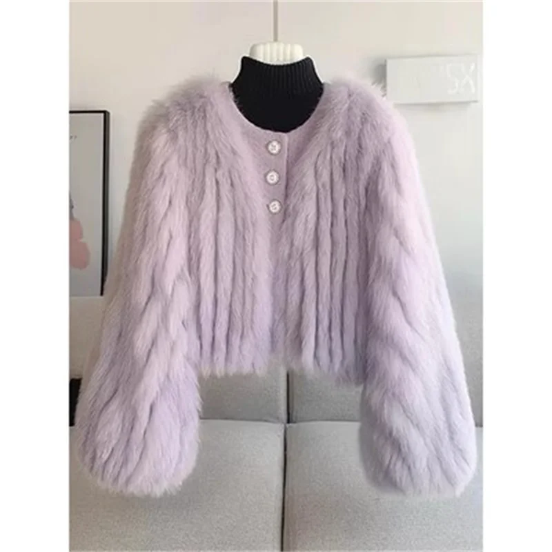 Chaqueta de piel sintética de zorro para mujer, abrigo corto de piel sintética de visón, color rosa, color morado, para otoño e invierno, novedad de