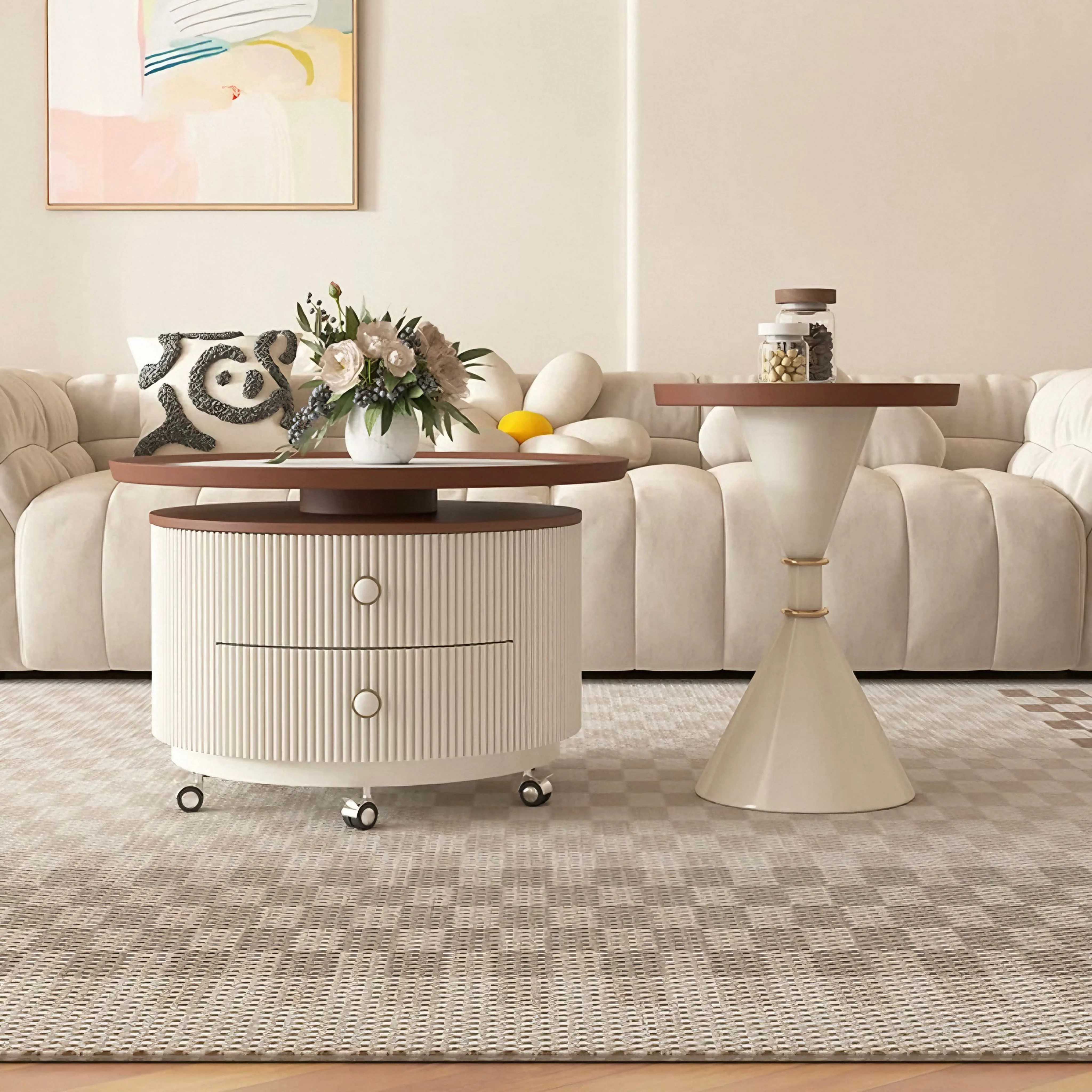 #Cream Round Movable Coffee Table Modern Solid Wood Durable 360 Rotatable with Storage Space for Living Room Home Furniture