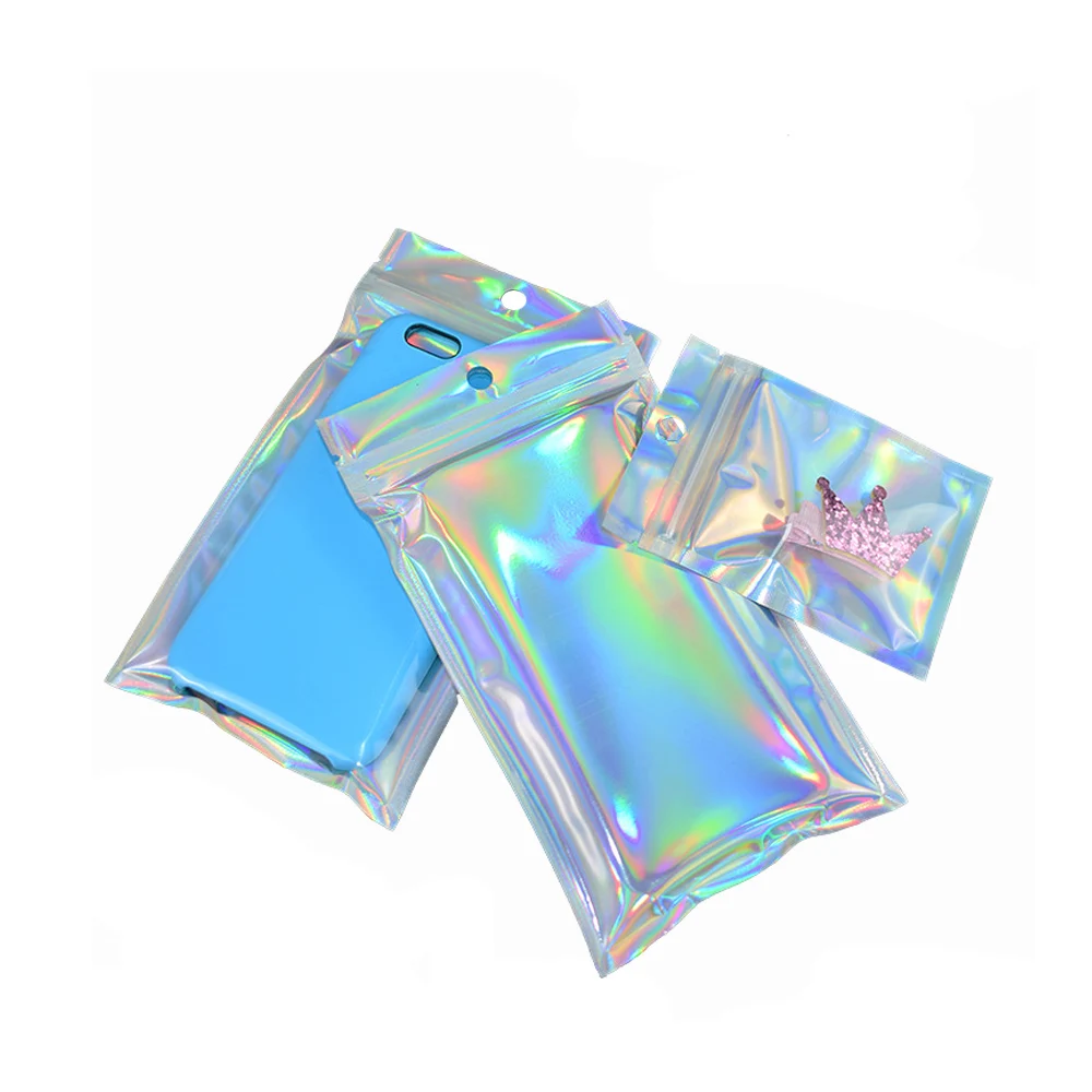 

100pcs/lot Color Changeable Holographic Laser Bags Resealable Clear Zip Lock Plastic Hang Hole Bag for Cosmetics Souvenirs Card