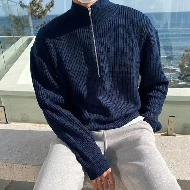 Daily Casual Knitting Polo-shirts Mens Trendy Loose Stand Collar Knit Pullover Fall Winter Solid Color Knitted Long Sleeve Shirt