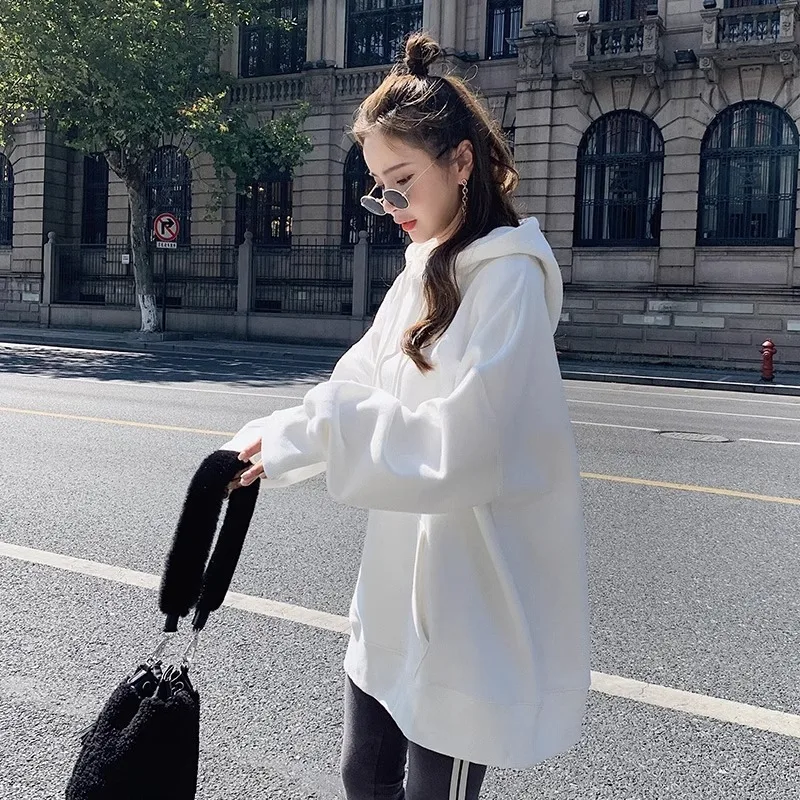 White hooded sweatshirt for women in autumn and winter, loose and lazy style, mid to long length, covered buttocks top jacket