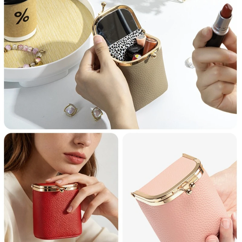 2026 Vertical Square Genuine Leather Kiss Lock Purse for Ladies Litchi Texture Small Storage Bag for Jewelry Lipstick and Change