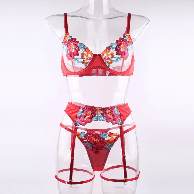 Lopnt Lingerie da donna Set di biancheria intima sexy ricamata rossa Set di reggiseno push up con giunture in raso Set di lingerie con giarrettiera da 3 pezzi Lingerie erotica