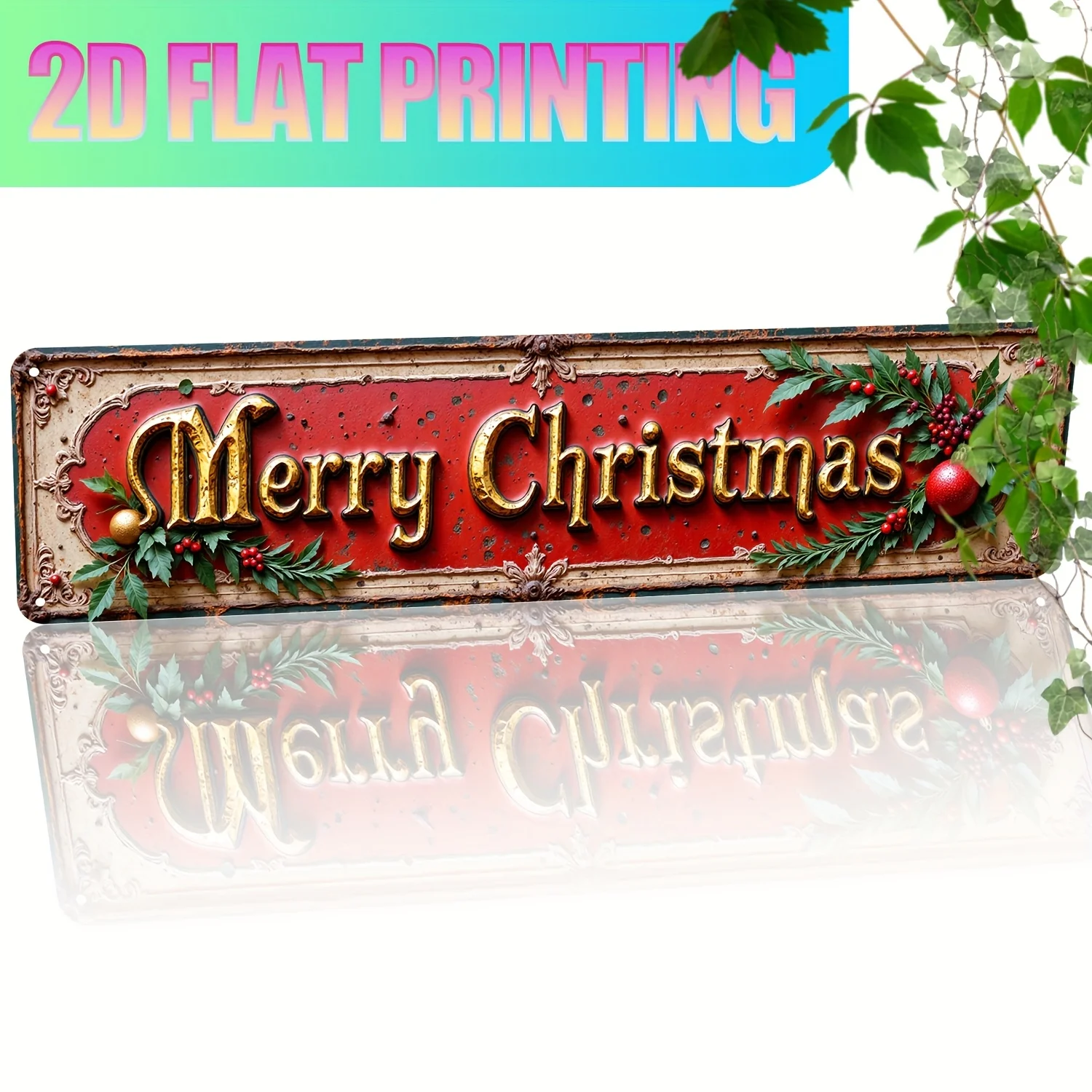 2D Flat, 1pc Merry Christmas Aluminum Wall Sign - Vintage Rustic Holiday Decor with UV Printed Holly & Berry Design, Weather