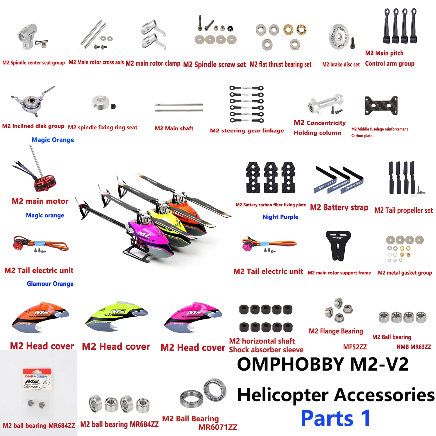 

OMPHOBBY M2-V2 / EXP / EVO RC Helicopter Accessories 1 Nose Cover Servos ESC Bearing Receiver Motor Blade Bearing Swing Arm