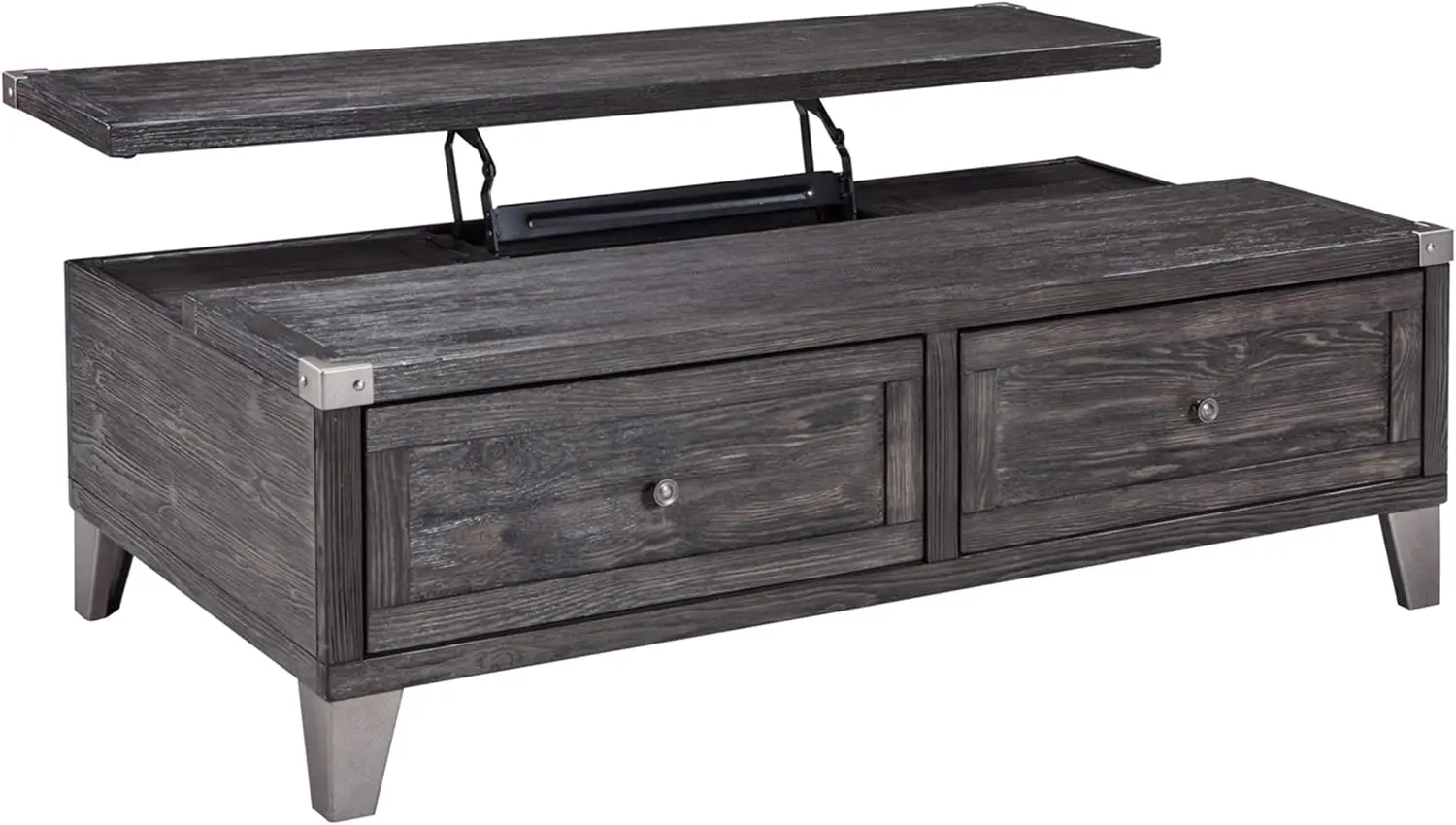 Todoe Industrial Rectangular Lift Top Coffee Table with 2 Storage Drawers, Dark Gray with Weathered Pine Finish