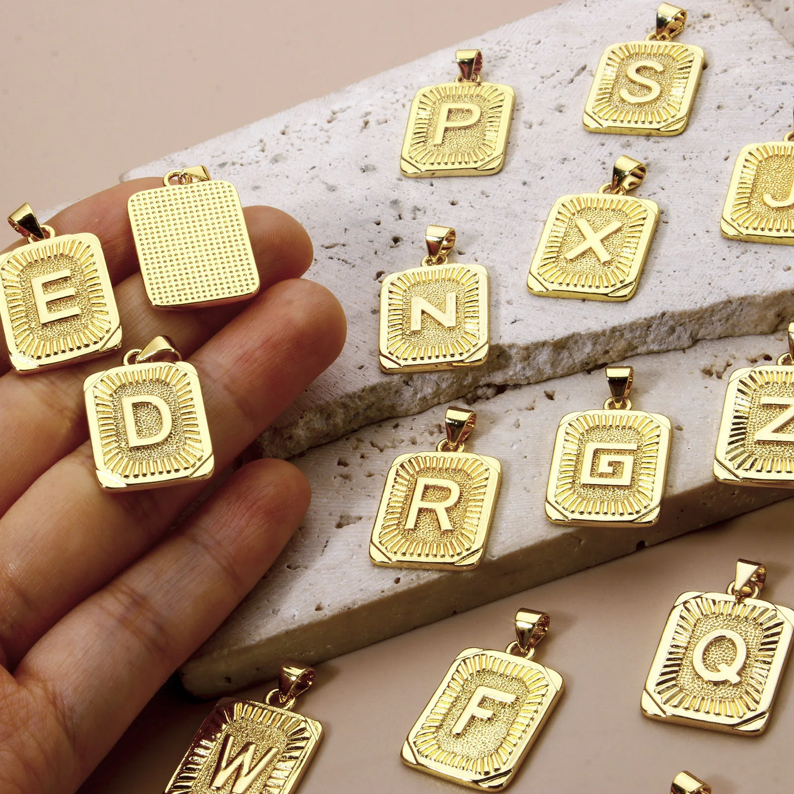 2pcs Letter Brass Charm Pendant 18K Gold Plated Rectangle 