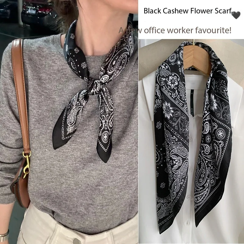 High-End Silk Scarf for Women Summer Thin Black Cashew Flower Small Square Versatile Fashionable Neck Scarf