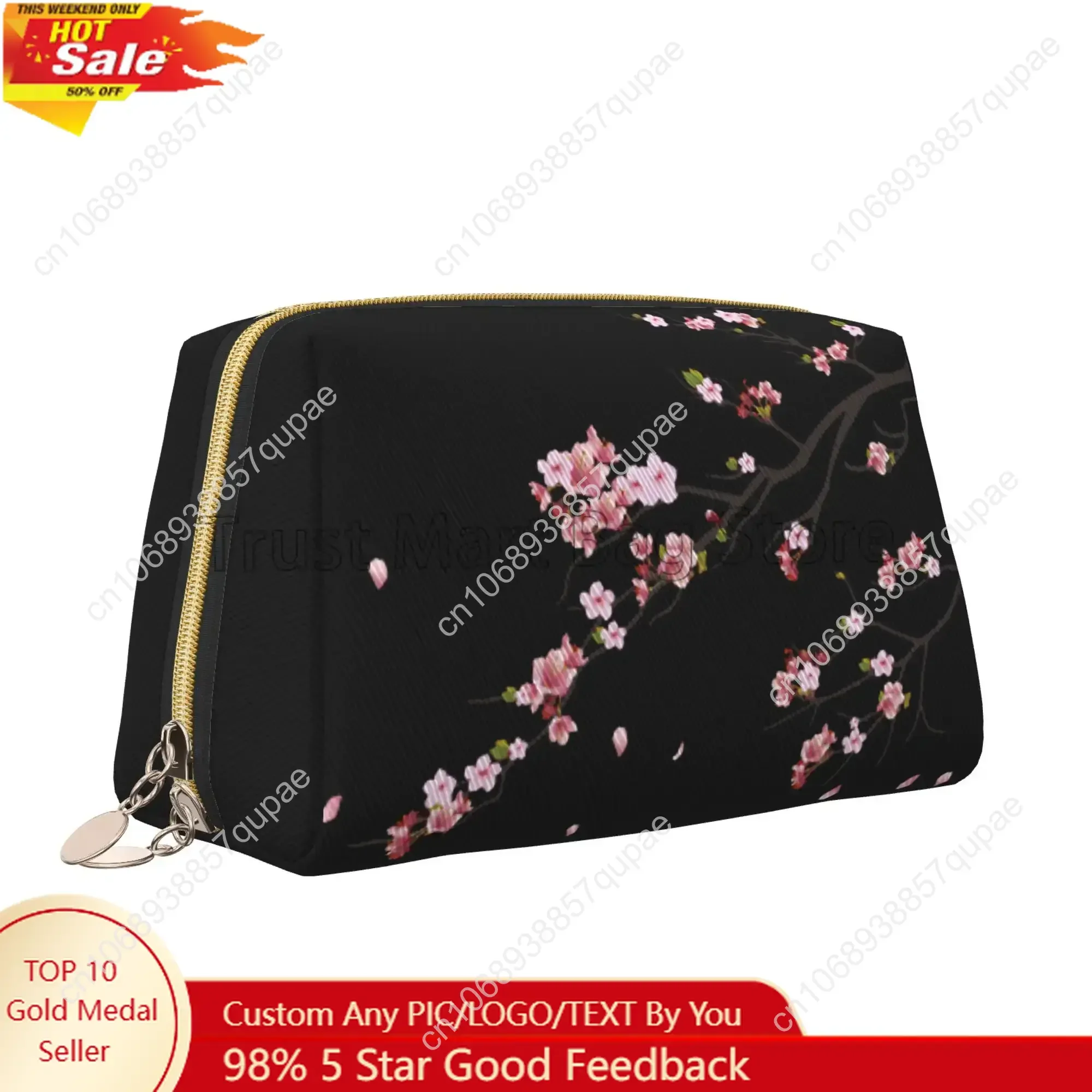 

Japanese Sakura Cherry Blossoms Toiletry Bag Travel Cosmetic Bags Women Leather Makeup Storage Pouch Waterproof with Zipper Gift