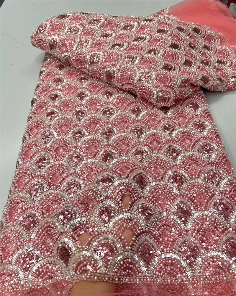 Elegant French Mesh Lace Fabric with Beads Embroidery And Sequins for Wedding Dresses African Nigerian Beaded Design for Women