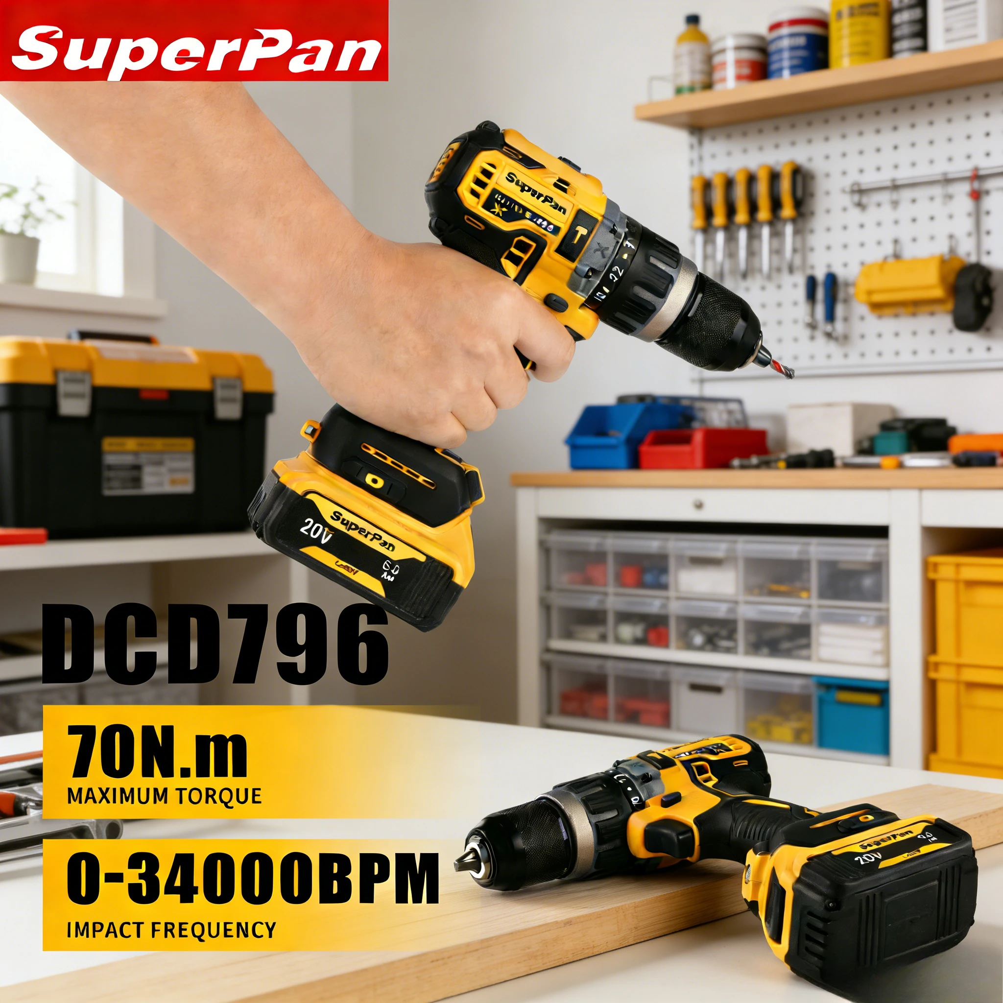 

SuperPan Quick Charge DCD796 70N.m 0-34000bpm Metal Guardrail DIY Fixing High Efficiency Impact Drill For Dewalt 20V Battery Pin