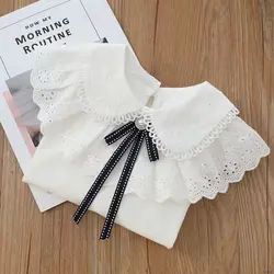 Girls White T-shirt top Autumn Children's Lapel Shirt Middle And Big Girls Standing Collar Lace Long-sleeved Bottom Shirt