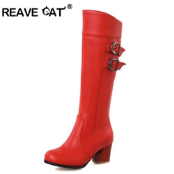 REAVE CAT Big size 30-52 Autumn shoes Ladies Knee boots Women fashion botas Hoof heels   Buckle Party Sexy