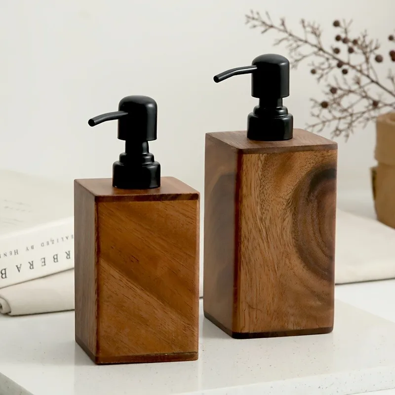 

Wooden Soap Dispenser with Black Pump Solid Wood Frame Refillable for Bathroom Kitchen Countertop