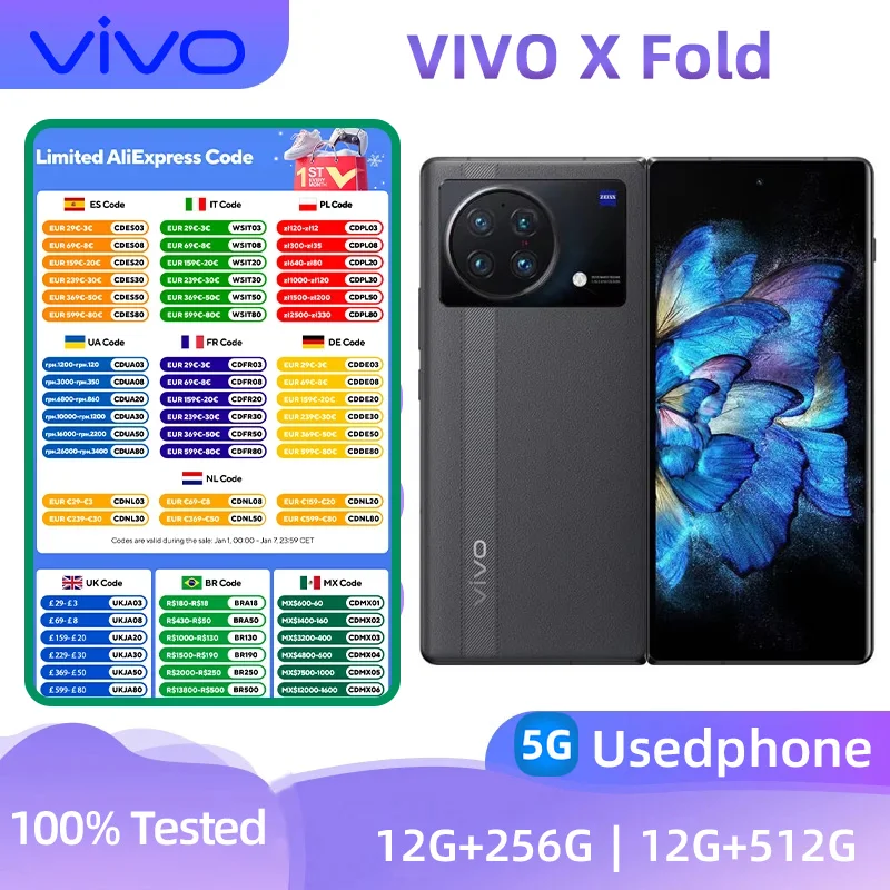 VIVO X Fold 5g SmartPhone CPU Qualcomm Snapdragon8 Gen1 Screen 8.03-Inches 4600mAh 50MP Cameras  Android  Used Phone