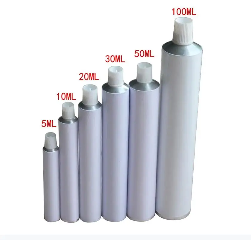 50 Stück/Lot leere Zahnpastuben aus Aluminium mit Nadelkappe, unversiegelt, 10 ml, 20 ml, 30 ml, 50 ml, 100 ml