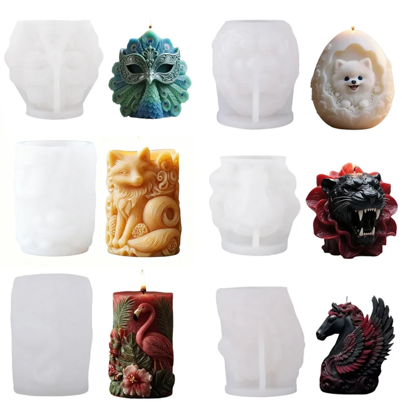 3D Animal Candle Silicone Mold Dragon Fox Pomeranian Pegasus Flamingo Leopard Peacock Hamster Aroma Soap Craft Plaster Mold