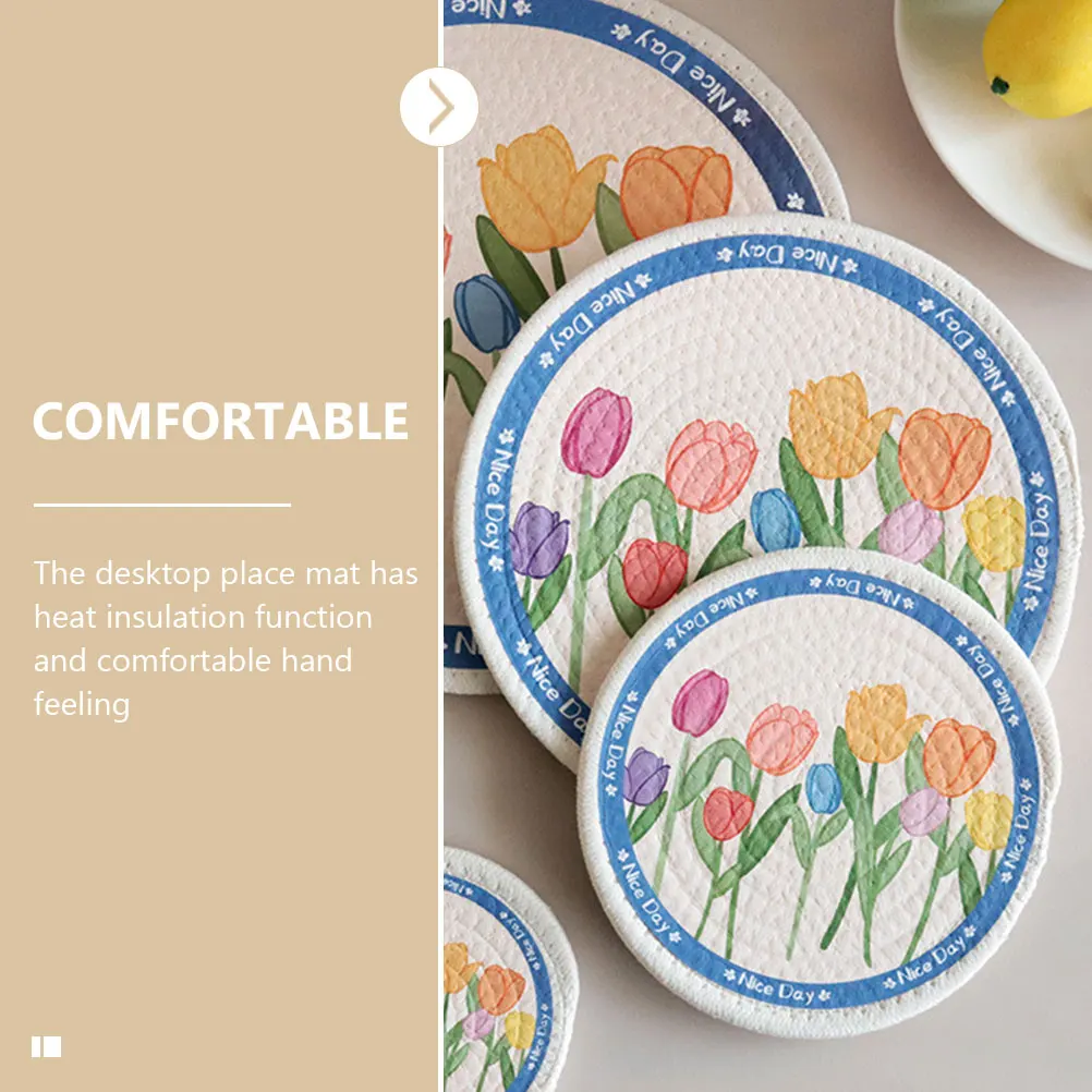 

4pcs Cotton Rope Woven Heat-Resistant Placemat Round Floral Table Decor Dining Coaster Insulated Braided Fabric Coasters For
