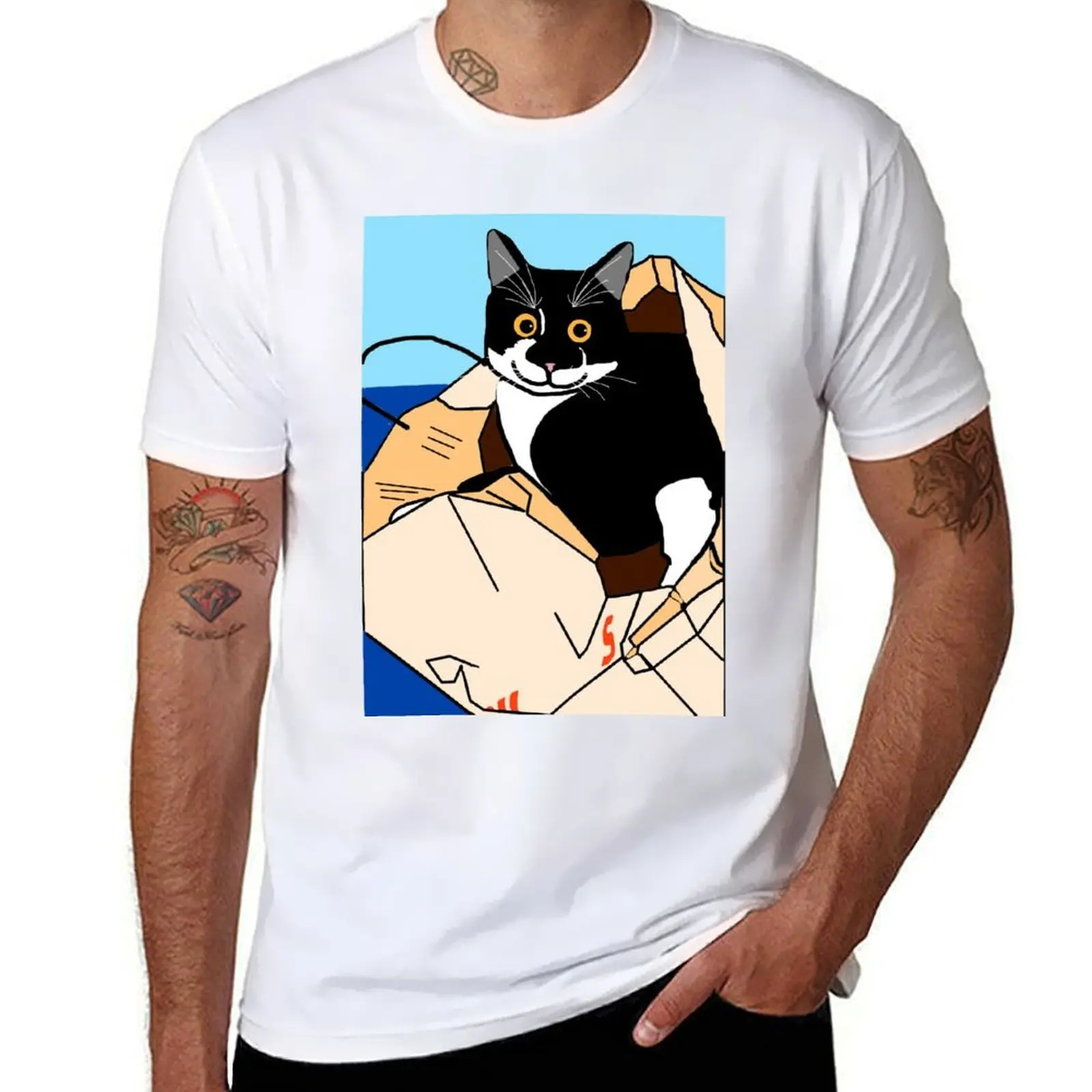 

Cute Tuxedo cat in a paper bag T-Shirt cotton t shirt man anime tshirt T-Shirt