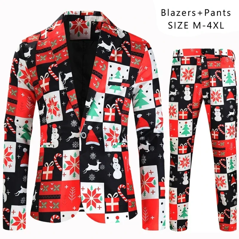 2024 New Men's Christmas Suits Set 2 Piece Christmas Trees Printed One Button Men Blazer Jacket and Trousers for Xmas Plus Size