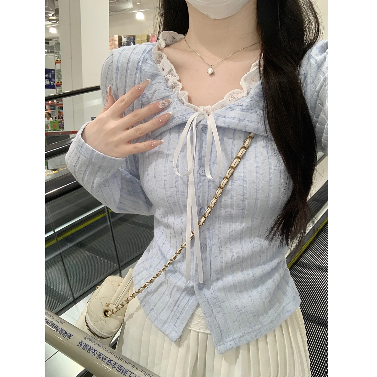 Princess Style Long Sleeve T-Shirt Women's Base Shirt Top Lace  Knot Tie Dotted Strip Autumn New Arrival