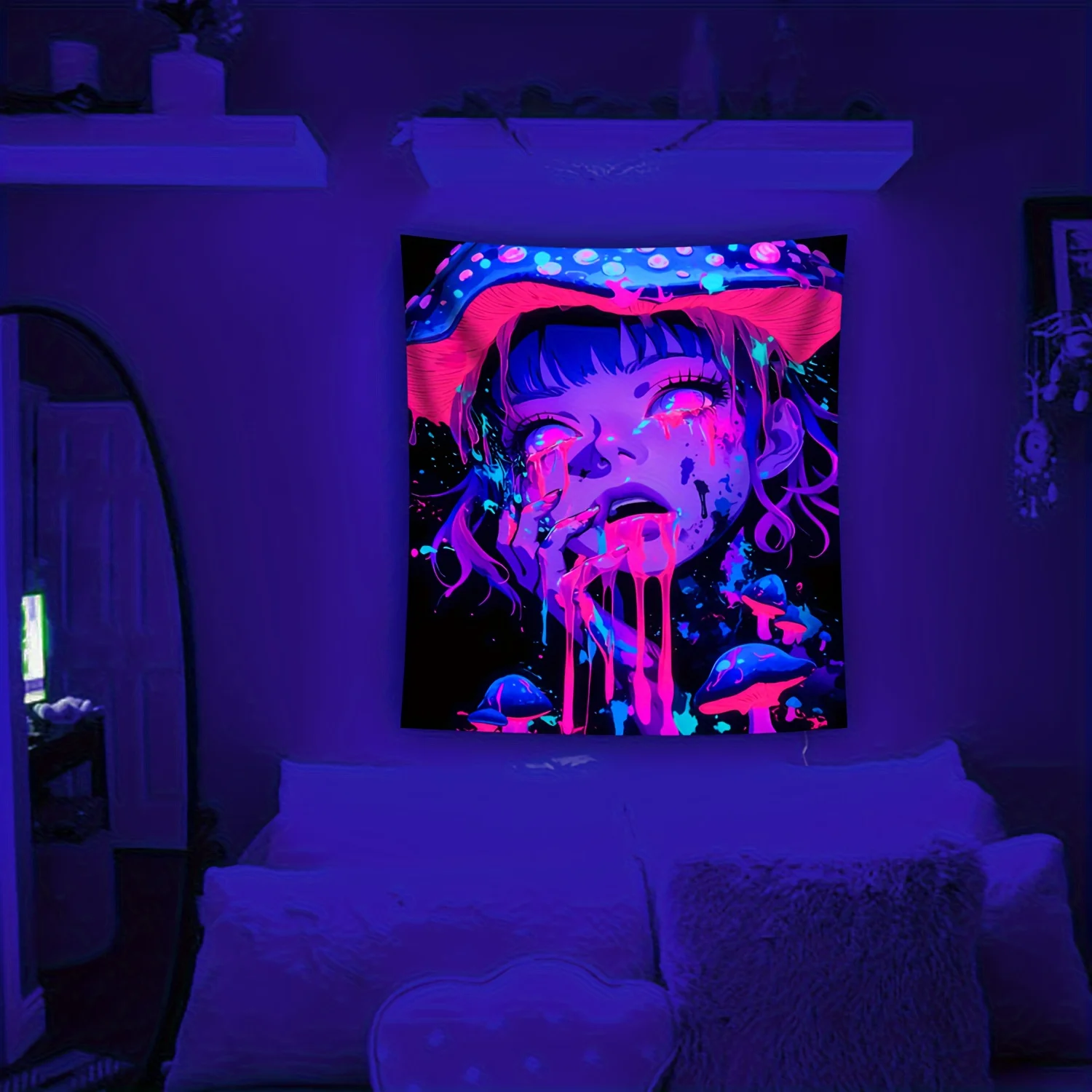 VIKAMA Mushroom Girl Tapestry Cyberpunk Style Trippy Aesthetic Wall Hanging for Bedroom Indie Room Decor Wall Hanging Tapestry