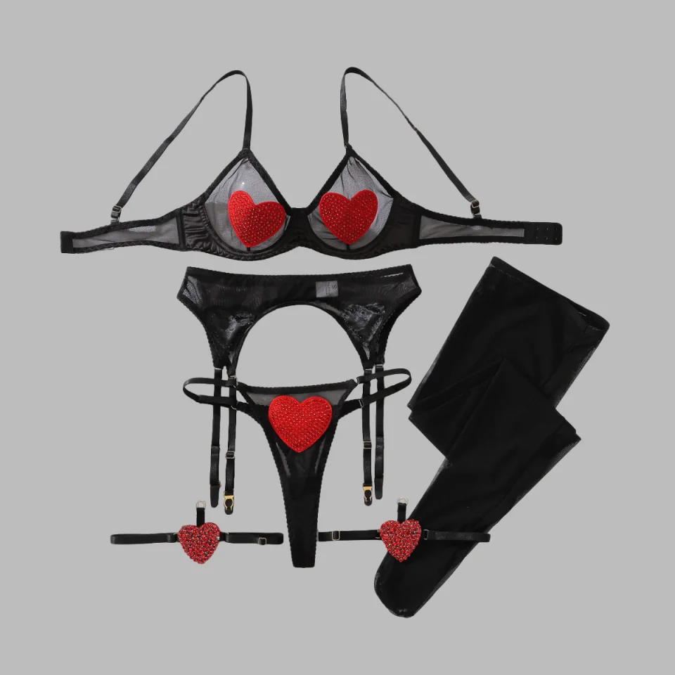 

Нижнее белье Ellolace, сексуальное горячее сверкающее сердце, декор со стразами, бюстгальтер, пояс, стринги, 3 шт., с кругами для ног, чулки, прозрачные наряды