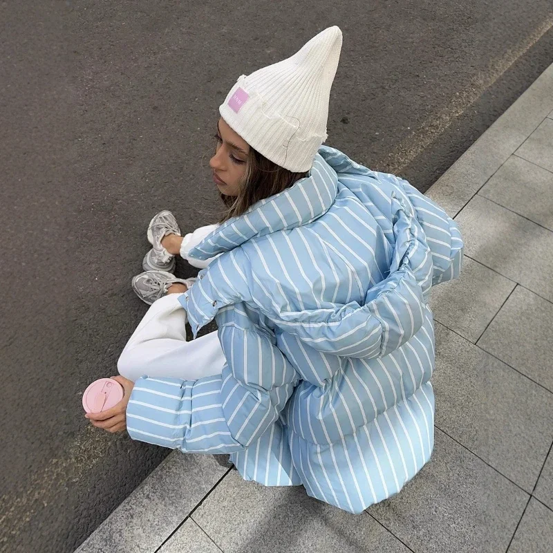 

Loose Fashion Stylish Warm Jacket Female Winter New TARUXY Striped Hooded Cotton-Padded Coat Women Long-Sleeved Zippered Pocket