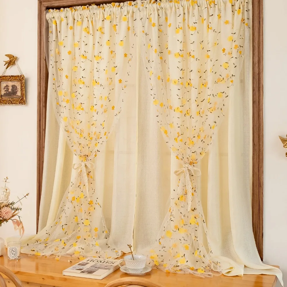 Curtains for Living Room French Pastoral Cream Style Double Layer Gauze Short Flower Window Broken Blackout Thermal
