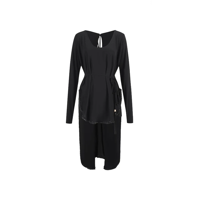 ZYM robe de danse latine ample irrégulière hauts noirs femmes vêtements d'entraînement strass ourlet manches longues Cha Cha vêtements de danse DNV25401