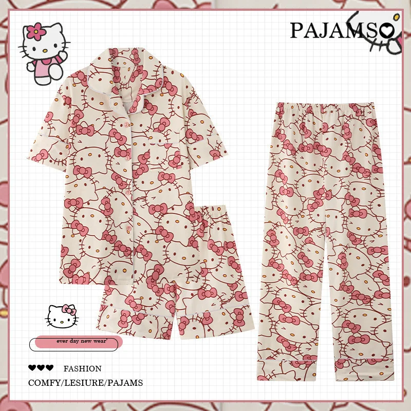 

Новинка Sanrio короткие пижамы Hello Kitty Kuromi Kawaii Мультфильм свободная одежда для сна пижамные комплекты одежда комплект из 3 предметов подарок на день рождения для девочки