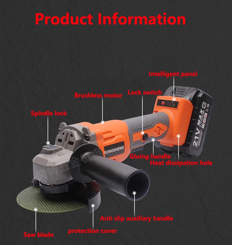 Cordless Angle Grinder Battery Powered Rechargeable Electric 3 Speed Diy Cutter 125MM 18V Wireless Grinding Machine No Battery