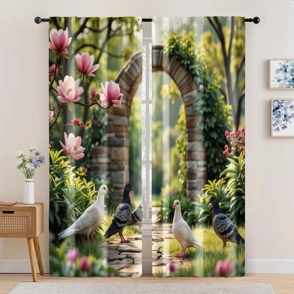 

2pc, Curtains Pink and White Flowers Light Filter Holiday Decorations Use for Bedroom Office Living Room Home Decor