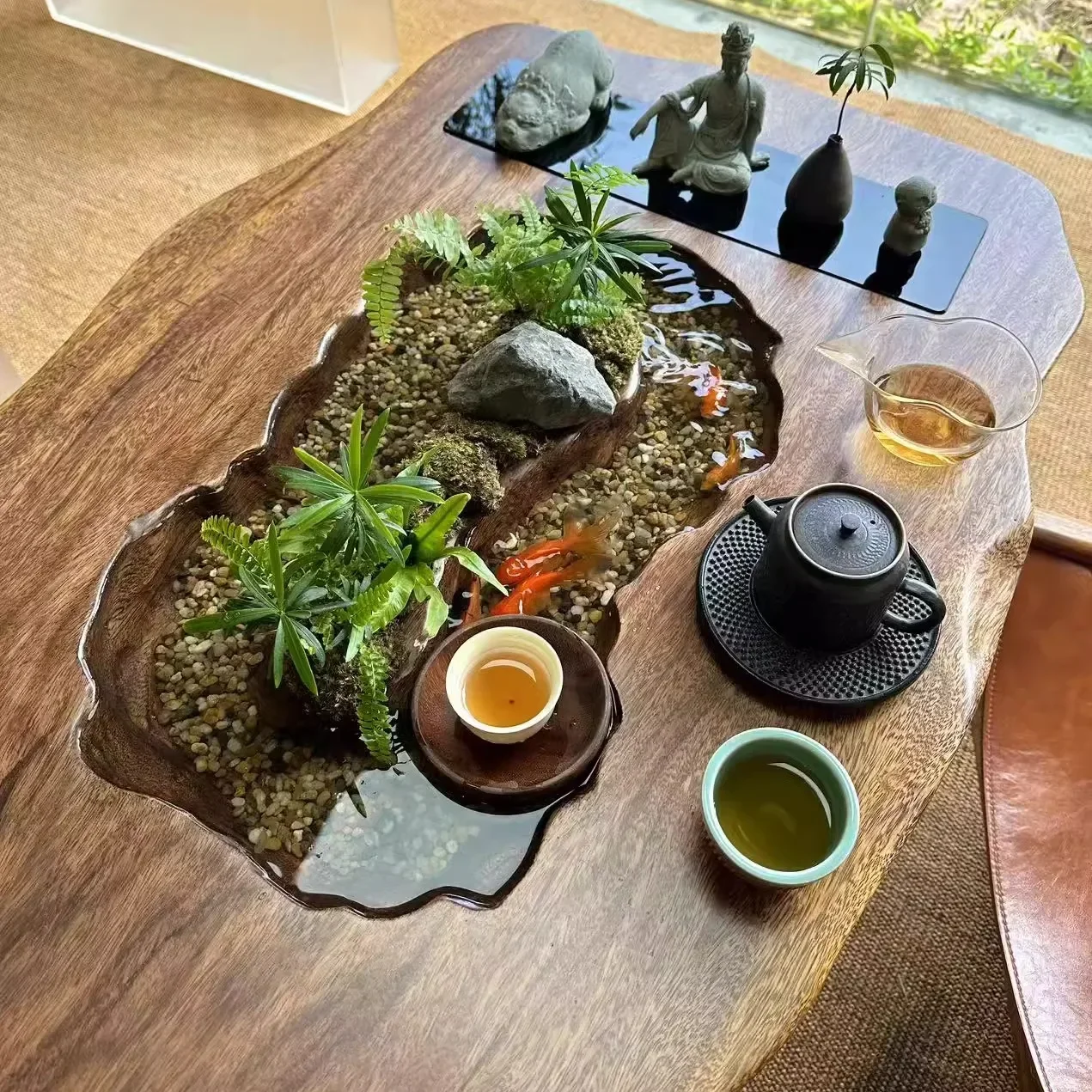 small curved water flow walnut new Chinese fish tea table coffee table balcony ecological small tea table