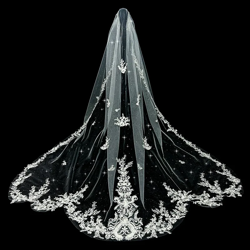 

Glitter One Tier Wedding Veils with Comb Lace Appliques Edge Custom Made Wedding Accessories Pretty Bridal Veil Cathedral Length