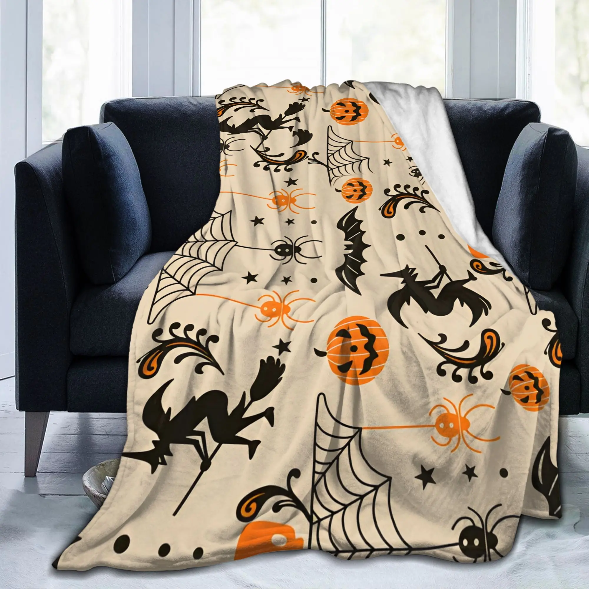 

Spooky Halloween Blanket Flannel Decoration Bat Pumpkin & Witch Multi-function Soft Throw Blankets for Bed Car Bedding Throws