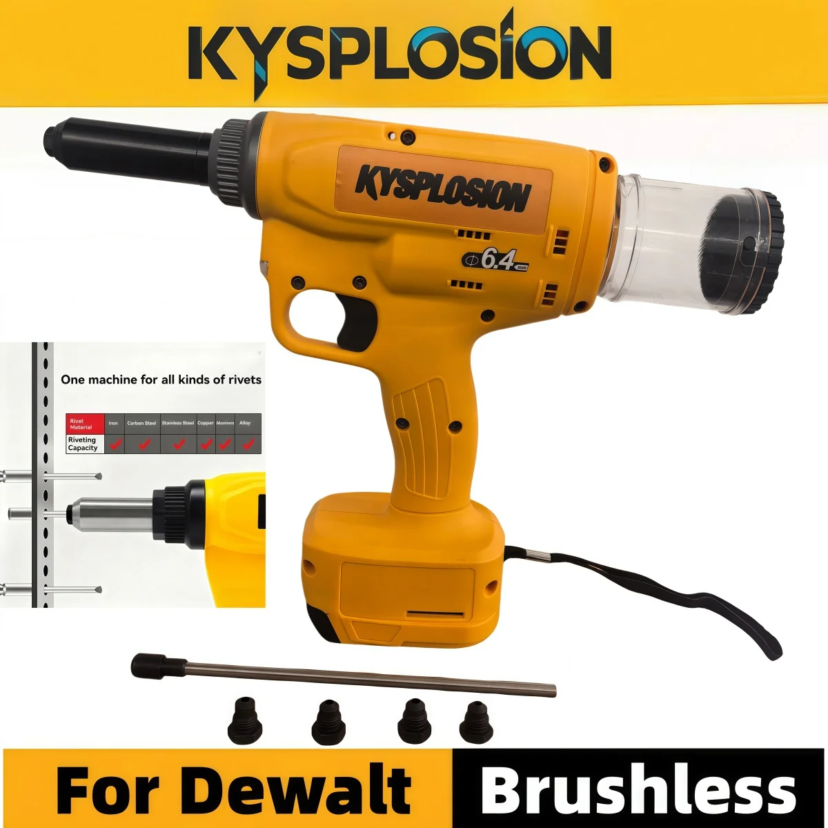 2.4-6.4MM Industrial Grade Brushless Cordless Rivet Gun Electric Riveting Power Tool Compatible with Dewalt 20V Battery