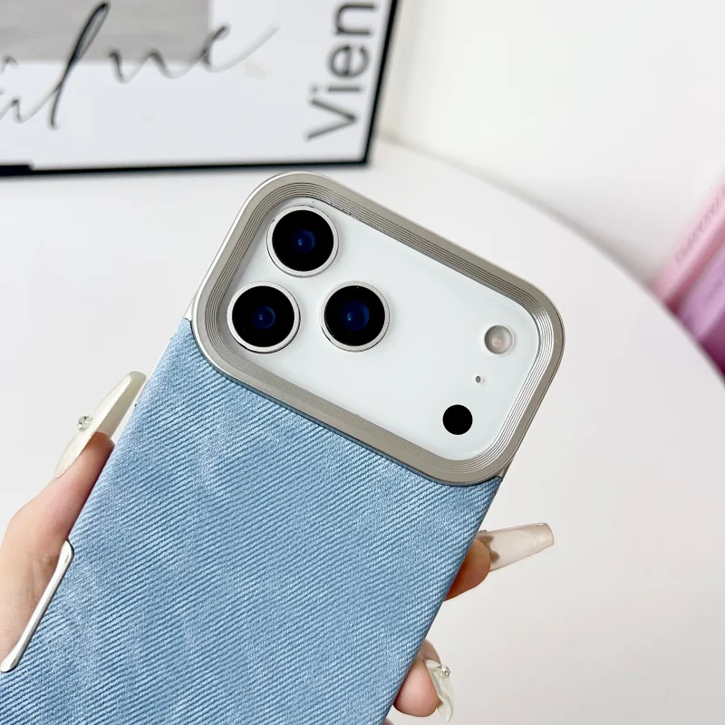 Luxo denim jeans caso de telefone para iphone 11 12 13 14 15 16 17 pro max plus ar 17air 17promax lente galvanizada capa de couro