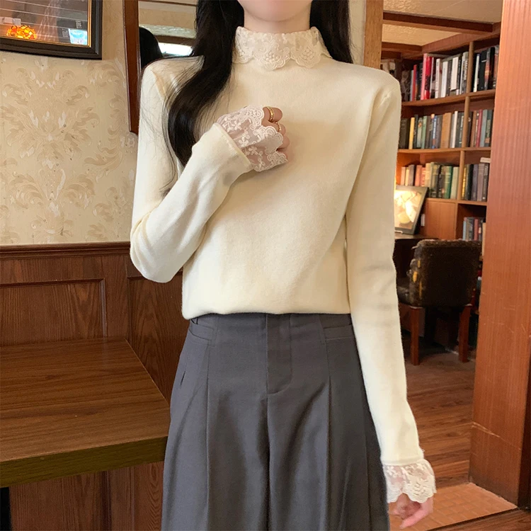 Langarm Spitze Verstärktes Strick Pullover Frauen Pullover Neue Mock Neck Stricken Pullover Pullover Frauen Tops Sueters De Mujer Q180