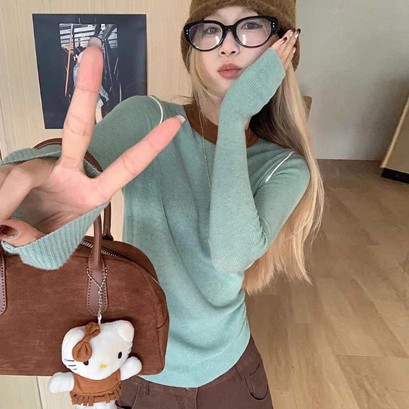 Women's Fashion Retro Contrast Color Round Neck Long Sleeve Slim Knitted Sweater