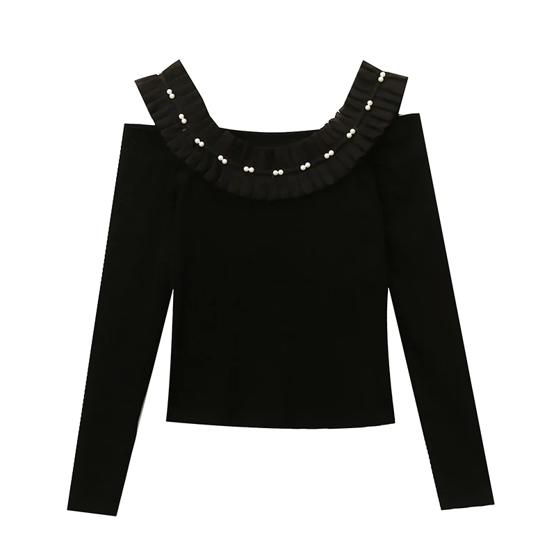 Mulheres babados beading top, t-shirt off-colarinho, manga comprida tees, roupas chiques, sexy, patchwork, europeu, novo, primavera, outono, 41002, 2022