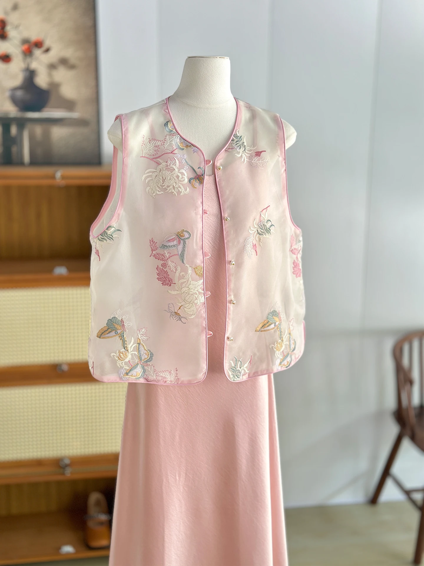 High-End New Chinese Style Pink Vest Women's Summer Beautiful Tulle Two-Piece Suit Young Outerwear Waistcoat